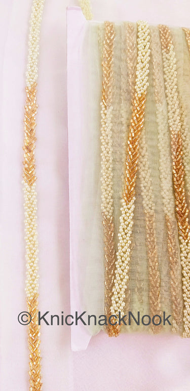 Green / Pink Net Lace Trim Hand Embroidered With Gold Bugle Beads And Ivory / Pink Seed Beads, Beaded Trim,